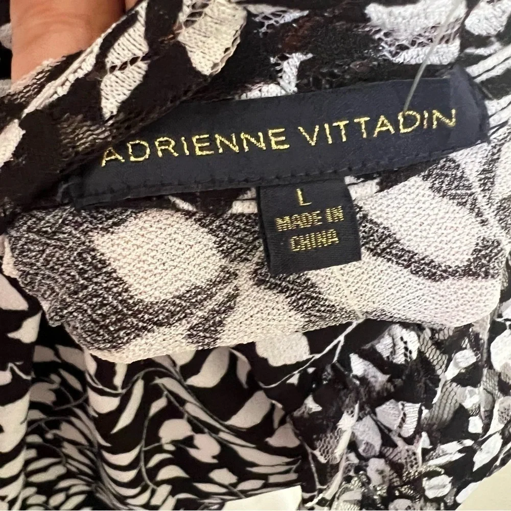 Adrienne Vittadini Blouse NWT Black White Leaf Prnt Lace Sleeve Tie Neck VK32766 - Picture 10 of 12